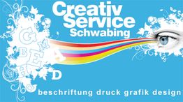Blaues Logo mit Auge, Buchstaben und Regenbogenstreifen für Creativ Service Schwabing.