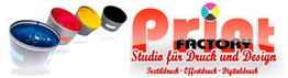 Farbtöpfe neben dem Logo von "Print Factory: Studio für Druck und Design", bunte Schrift.