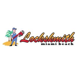 Cartoon locksmith logo with palm trees, text "Locksmith Miami Beach."
