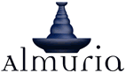 Logo mit dunkelblauer Kegelform und dem Schriftzug "Almuria".