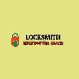 Locksmith Huntington Beach logo with a padlock and wrench design on a yellow background.