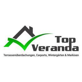 Logo von Top Veranda mit Haus- und Häkchen-Symbol, Text darunter: Dienstleistungen für Außenbau.