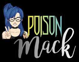 Ilustración de personaje con cabello azul y gafas haciendo la señal de paz, texto: "Poison Mack".