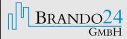 Logo mit Text "BRANDO24 GmbH" und grafischem Element aus blauen Linien auf grauem Hintergrund.
