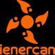 Logotipo naranja abstracto en fondo negro con la palabra "ienercan".