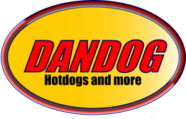 Gelbes Logo mit roter Schrift: "DANDOG Hotdogs and more".