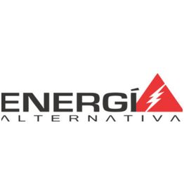 Logo de "Energía Alternativa" con un triángulo rojo y un rayo blanco.