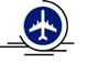 Symbol eines startenden Flugzeugs in einem blauen Kreis vor stilisierten Wellenlinien.