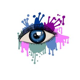 Œil bleu illustré avec éclaboussures de peinture dans des tons de violet et bleu.