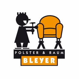 Eine Comicfigur hämmert einen Sessel, darunter steht "Polster & Raum Bleyer".