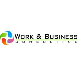 Logo con un simbolo colorato e testo "Work & Business Consulting". Sfondo bianco.