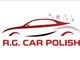 Silhouette eines Autos mit Schriftzug "R.G. CAR POLISH" in Rot auf weißem Hintergrund.