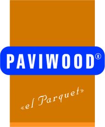 Logo de Paviwood sobre fondo naranja, con texto en azul y blanco. Eslogan: "el Parquet".
