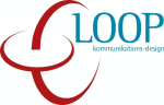 Logo mit zwei ineinander verschlungenen roten Kreisen und Text: „LOOP kommunikations-design“.