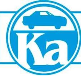 Blauw logo met een silhouet van een auto boven de letters "Ka" in een cirkel.