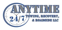Clock and text logo for Anytime 24/7 Towing, Recovery, & Roadside LLC.