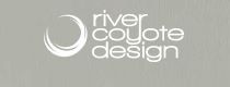 Logo text: "river coyote design" with abstract circular shape on a gray background.