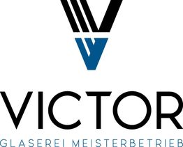 Logo mit großem "V": "VICTOR Glashandwerk Meisterbetrieb" in Schwarz und Blau.