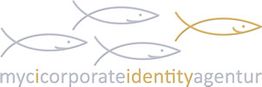 Vier stilisierte Fische mit Text "mycicorporateidentityagentur" darunter in Grau und Gold.
