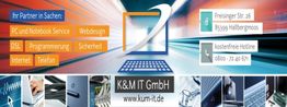 Banner von K&M IT GmbH mit IT-Dienstleistungen, Kontaktdaten und Website.