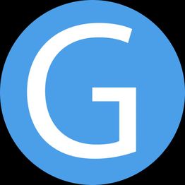 Blå cirkel med et stort hvidt bogstav "G" i midten.