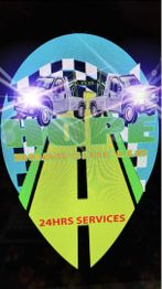Hope Recovery Services logo with two tow trucks and a checkered flag. Text: "24HRS SERVICES".