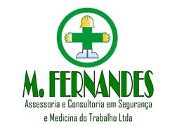 Logotipo da empresa M. Fernandes, com um símbolo de segurança e texto sobre serviços de consultoria.