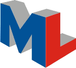3D-Buchstaben "ML" in Blau, Grau und Rot auf weißem Hintergrund.
