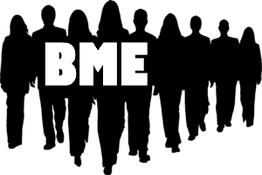 Schwarzer Hintergrund mit großen weißen Buchstaben: BME.