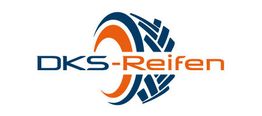 Logo von DKS-Reifen mit stilisiertem Reifen in Blau und Orange.