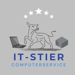 Stier-Logo mit Laptop, Server und fünf Sternen. Text: "IT-Stier Computerservice".