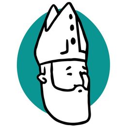 Caricatura de un hombre con mitra episcopal y barba, fondo turquesa en forma de óvalo.