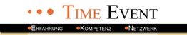 Text: "Time Event". Schlagworte darunter: Erfahrung, Kompetenz, Netzwerk.