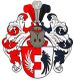 Wappen mit Helm, roten und schwarzen Federn, verziert mit floralen Mustern in Rot und Schwarz.