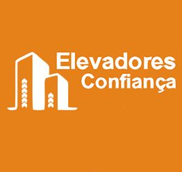 Logotipo com texto "Elevadores Confiança" em fundo laranja ao lado de desenho de prédios brancos.