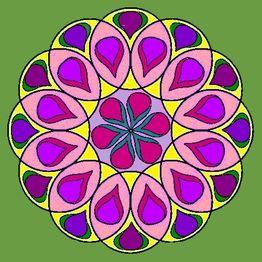 Bunte Mandala auf grünem Hintergrund mit lila, rosa und gelben Mustern in tropfenartigen Formen.