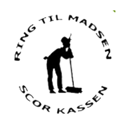 Rundt logo med silhuet af en kostemand og teksten "Ring til Madsen, Scor kassen" omkring.