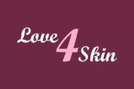Paarse achtergrond met tekst: "Love 4 Skin" in wit en roze letters.