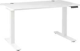 White adjustable standing desk with a digital control panel on the right side.