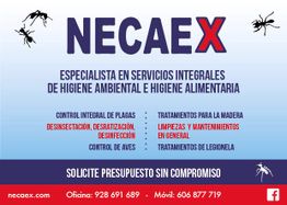 Publicidad de NECAEX, servicios de control de plagas e higiene ambiental. Teléfono y contacto web.