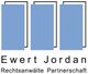 Drei blaue Rechtecke mit dem Text "Ewert Jordan Rechtsanwälte Partnerschaft" unten.