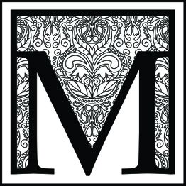 La lettre "M" ornée de motifs floraux noirs sur fond blanc.