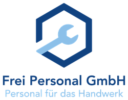 Logo mit Schraubenschlüssel und Text: "Frei Personal GmbH - Personal für das Handwerk".