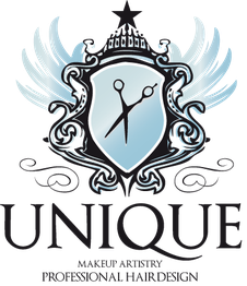 Logo: Schere im Wappen mit Flügeln, darunter Text "Unique Makeup Artistry Professional Hair Design".