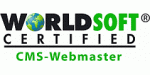 Zertifizierung "Worldsoft Certified CMS-Webmaster" mit Weltkugel im Buchstaben "O".