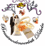 Logo von Brautmodenverleih Döbeln mit Tauben, Brautpaar und Eheringen.