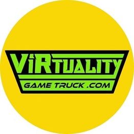 Bright yellow circle with "ViRtuality Game Truck .com" text in bold green and black.