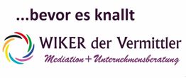 Text: "...bevor es knallt. WIKER der Vermittler, Mediation + Unternehmensberatung" mit buntem Kreis.
