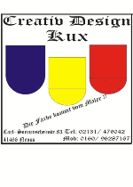 Drei bunte Schilde unter "Creativ Design Lux" mit Kontaktinformationen darunter.