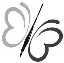 Farfalla stilizzata con penna al centro, ali in grigio e nero.